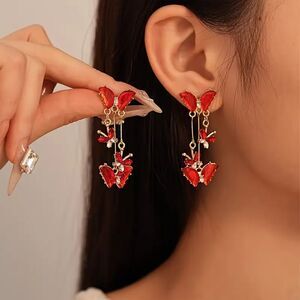 Wicked Silk Elegant Jeweled Red Butterfly Dangling Earrings